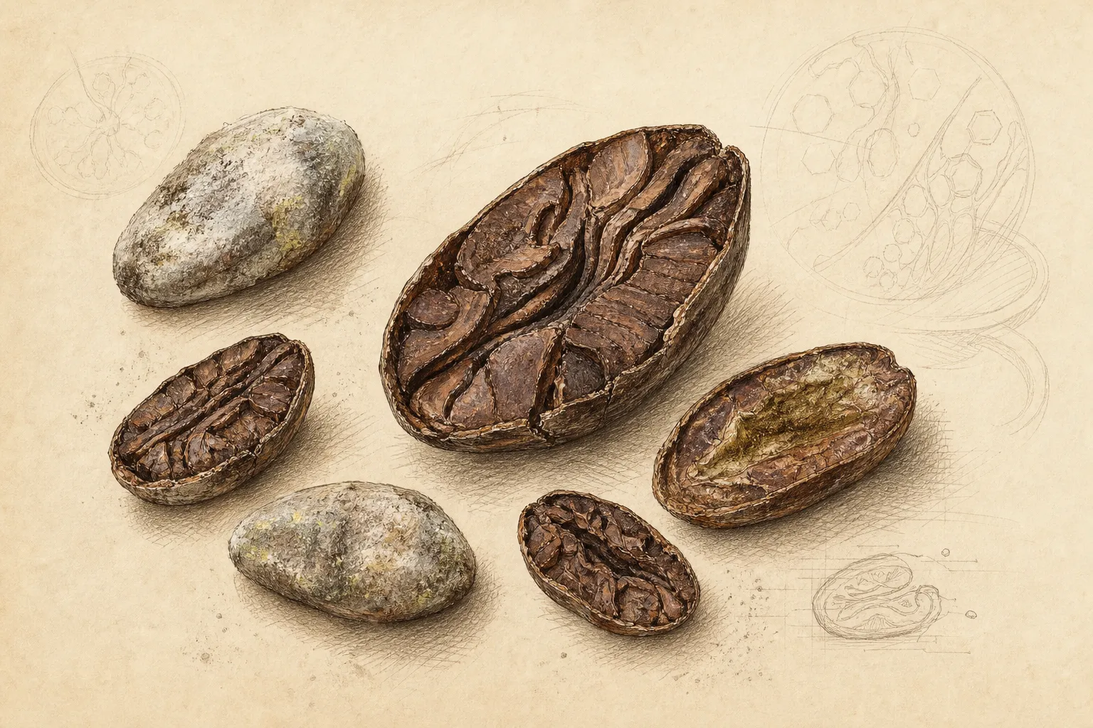Notebook-style illustration of moldy cacao beans and cut-open cacao interiors