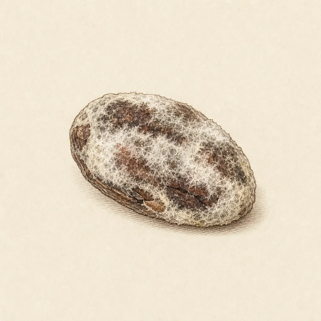 Illustrated cacao bean with heavy mold coverage