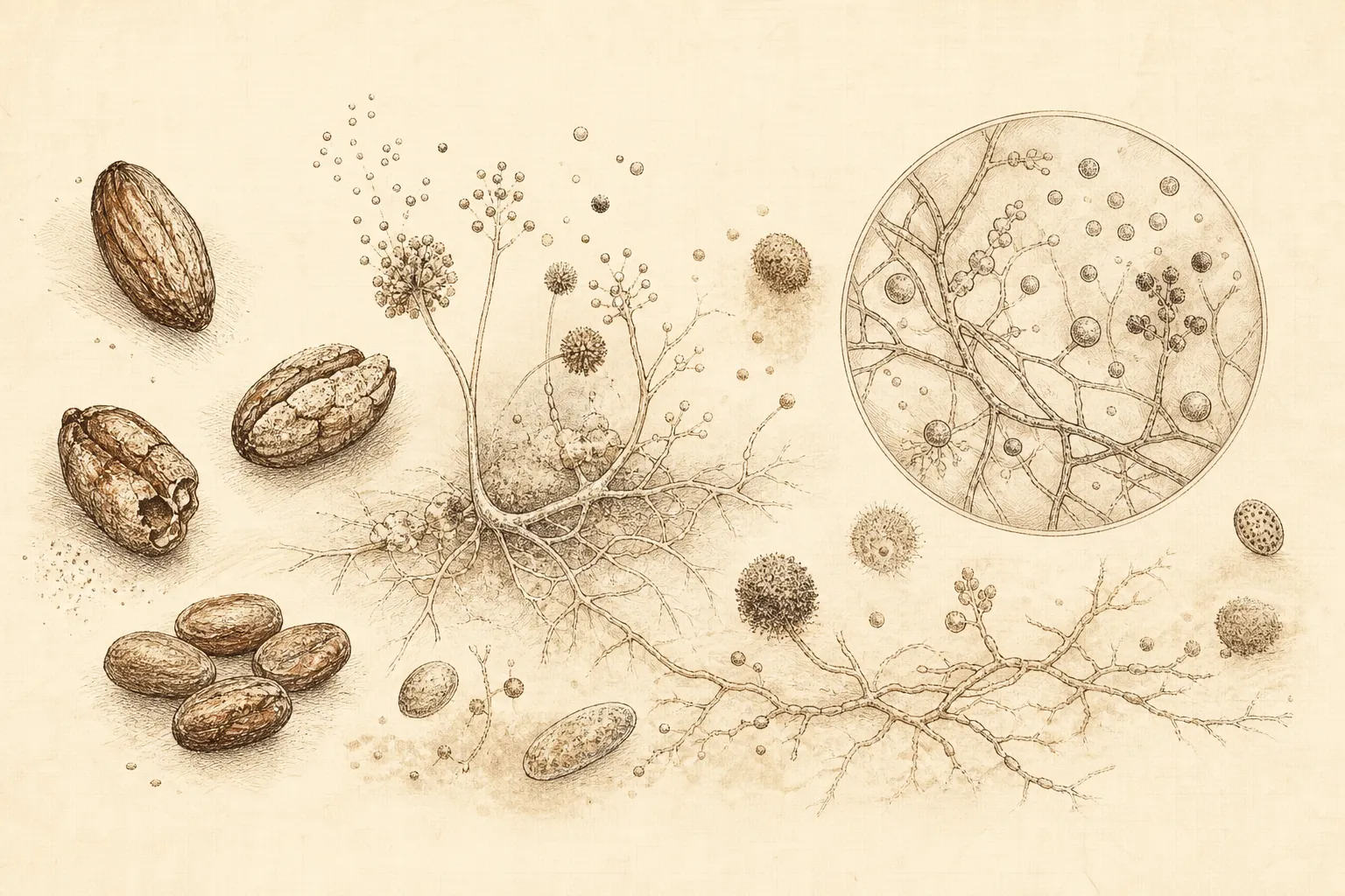 Notebook-style study of cacao beans, mold structures, and microscopic spore forms