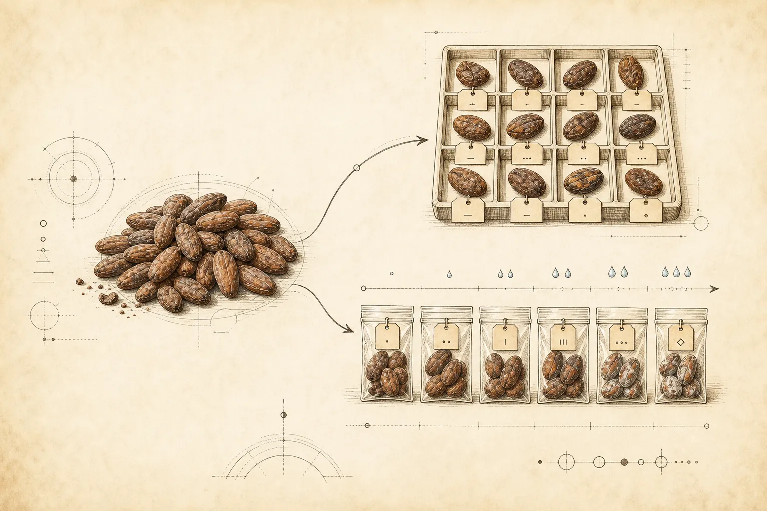 Notebook-style diagram showing cacao samples branching into baseline screening and moisture-challenge paths